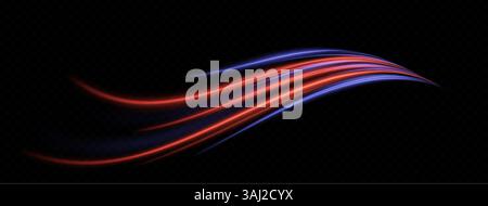 Wavy light. Curved glowing streaks of red and blue. Digital stream, soft energy flow, smooth motion, futuristic glow on black. Stock Vector