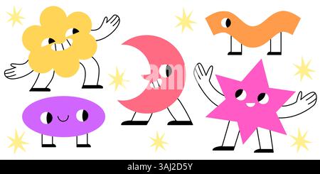 Geometric doodle face illustrations - cute cartoon characters of crescent moon, star shape, simple stylized oval and wave line, flower and crescent moon form designs with expressive facial features. Stock Vector