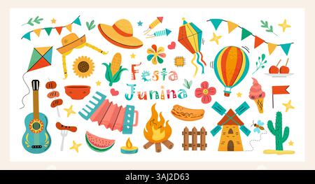 Festa Junina clipart set. Colorful hand drawn vector illustrations accordion, bonfire, corn, guitar, food, flags, balloon, fireworks and festival Stock Vector