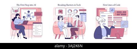 Women in AI represent innovation and advancement. The scenes illustrate their journey from initial learning to coding and collaboration in technology, showcasing empowerment and breaking barriers. Stock Vector