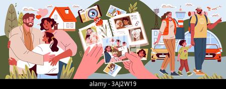 Family Day celebration illustrates bonds through meaningful moments. Families share hugs, memories captured in photos, and embark on adventures, showcasing love, togetherness, and creating lasting memories. Vector illustration. Stock Vector