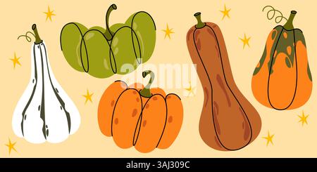 Pumpkin autumn harvest doodle illustrations - simple cozy line drawings. Ripe orange squash with curly green vines and stems attached, elongated gourd. Cute fall vegetables sketch with stars. Stock Vector