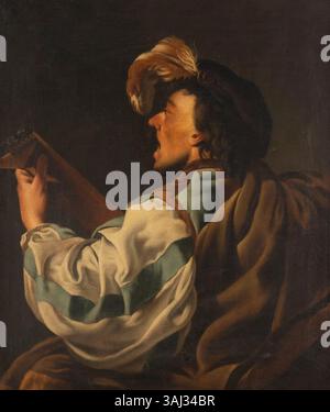 This painting by Hendrick ter Brugghen from around 1624 depicts a lute player singing, captured in a lost profile. It is a genre scene that highlights the subject's musical activity and the intimate atmosphere of the time. Stock Photo