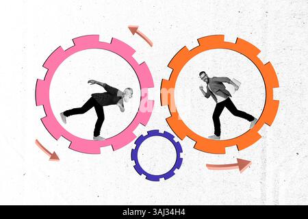 Creative artwork collage featuring individuals within colorful gear-like patterns highlighting modern design and motion Stock Photo