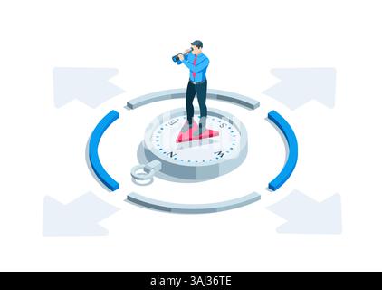 isometric business man looking through a spyglass while standing on a compass, in color on a white background, choosing the right direction Stock Vector