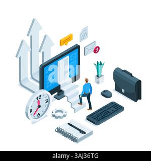isometric business man climbing the steps to the door on a computer screen, in color on a white background, entrance to a personal virtual office Stock Vector