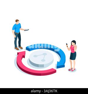 isometric man and woman with smartphones and arrows going in a circle with a link, in color on a white background, exchanging links Stock Vector