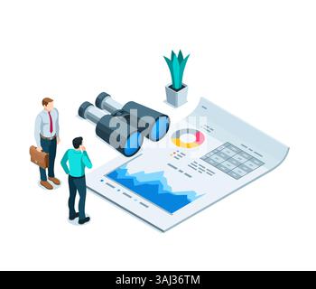 isometric business man with a binoculars near a document, in color on a white background, document work or teamwork Stock Vector