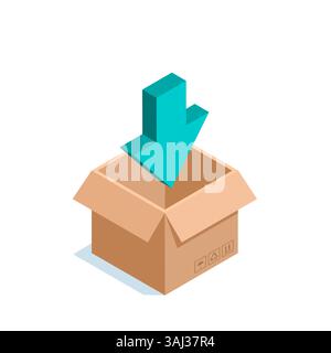 isometric cardboard box and down arrow, in color on white background, cargo loading or packaging Stock Vector