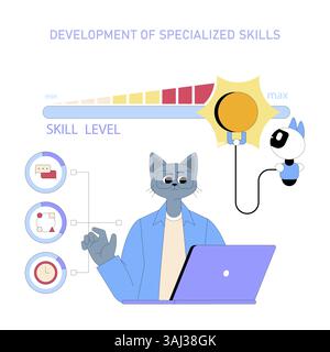 AI assistant enhances specialized skill development. A character engages with interactive elements, showcasing skill progression. The illustration emphasizes productivity and digital assistance in learning. Vector illustration. Stock Vector