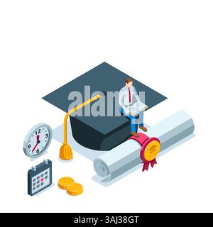 isometric icon of bachelor's cap with diploma and man reading a book, in color on a white background, getting a scientific degree or studying in highe Stock Vector
