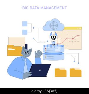 AI integration in business enhances big data management through advanced analytics and automation. This illustration represents the synergy between technology and data professionals. Stock Vector