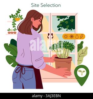 Mini farms promote sustainable living and gardening practices. This illustration depicts a person selecting a site for growing plants indoors with natural light and greenery in the background. Stock Vector