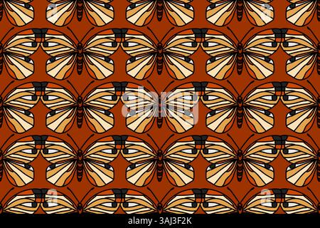 Botanical butterflies seamless pattern vector illustration. Repeating hand drawn colorful butterfly in brown background. Graphic design for Fashion Co Stock Vector