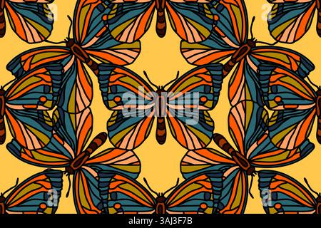 Botanical butterflies seamless pattern vector illustration. Repeating hand drawn colorful butterfly in yellow background. Graphic design for Fashion C Stock Vector