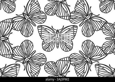Line art botanical butterflies seamless pattern vector illustration. Outline repeating doodle butterfly in white background. Graphic design for Fashio Stock Vector