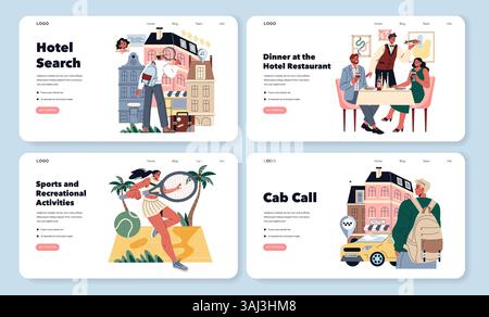 Hotel holiday vector set. Illustrations showcasing hotel search, dining, sports activities, and hailing a cab, creating a complete vacation experience. Stock Vector