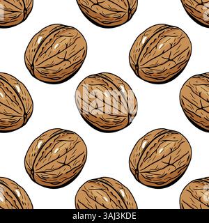 Seamless walnut pattern in hand drawn vector cartoon style Stock Vector