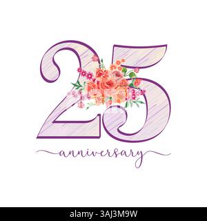 Happy 25th anniversary creative congrats with Victorian 3D roses. Cute number icons 2 and 5, set of vintage flowers. Decorative design. Holiday decor Stock Vector