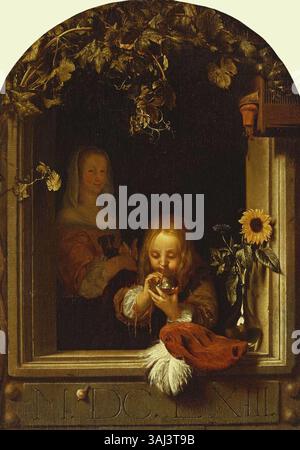 A painting by Frans van Mieris the Elder, depicting a boy blowing bubbles from a ledge, created in 1663. It is an oil on panel piece showcasing genre art, housed in the Royal Collection. Stock Photo