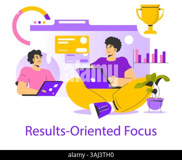 Goal achievement illustration focusing on results-oriented team dynamics. Emphasizes collaboration, productivity, and visual metrics tracking to foster successful outcomes. Vector illustration. Stock Vector