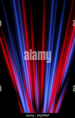 Neon flare burst. Red and blue rays explode from center in radiant symmetry. Glowing light beams, visual impact, high intensity. Stock Vector