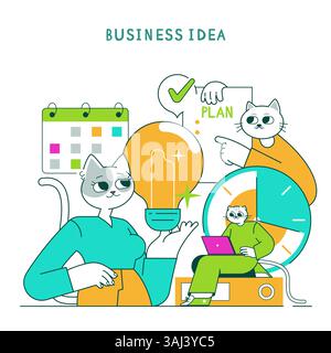 Business Cat concept emphasizing creativity and planning in entrepreneurship. Characters illustrate brainstorming and time management with a focus on innovative ideas and collaboration in a playful setting. Vector illustration. Stock Vector