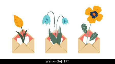 Envelope with flowers and herbs set. Hello spring concept. Summer Letter collection. Vector illustration, flat design. Flowers bouquet in envelope. Hand drawn trendy icon. Stock Vector