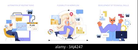 AI in the workplace revolutionizes productivity through automation, flexible workflows, and skill development. This illustration encapsulates the transformative impact on modern work environments. Stock Vector