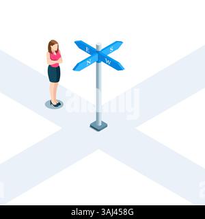 isometric business woman standing at an intersection in front of a sign with arrows in four directions, choosing a direction or the right path Stock Vector