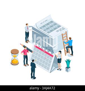 isometric men and woman near the calendar and a stack of papers, in color on a white background, planning or work calendar and documents Stock Vector
