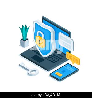 isometric shield with a padlock near a laptop and smartphone, in color on a white background, data protection or secure account login Stock Vector
