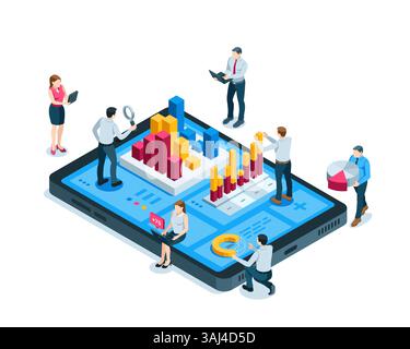 isometric business people working with charts on the screen of a large tablet, in color on a white background, working as a team on statistical data o Stock Vector