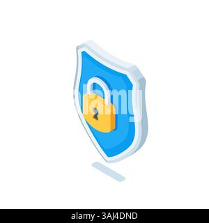 isometric shield and door lock, in color on a white background, reliable data or account protection Stock Vector