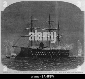 This illustration from *The Illustrated London News* depicts the French ironclad *Magenta* illuminated during the International Naval Festival at Cherbourg on August 15, 1865, celebrating the Emperor's fête-day. Stock Photo