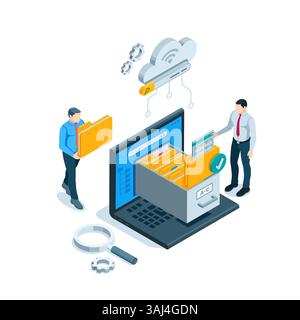 isometric business men working with archive on computer screen, in color on white background, online data archive or data storage Stock Vector