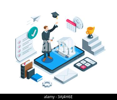 isometric man in a robe throwing up a bachelor's cap on a smartphone screen, in color on a white background, online learning and obtaining a degree Stock Vector