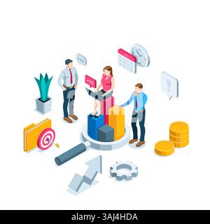 isometric business people near the chart and diagram in color on a white background, office workers or teamwork Stock Vector