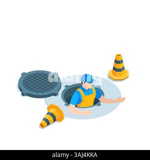an isometric man in a work uniform looks out of a manhole, in color on a white background, road work is being carefully carried out Stock Vector