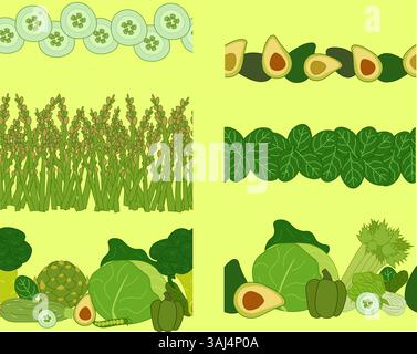 Green veggies Horizontal border consisted of fresh vegetable set. Vector flat illustration. Banner, poster, wrapping paper, sticker, print, modern tex Stock Vector