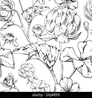 Cloudberry raspberry with white flowers, autumn leaves hand drawn vector ink, line ripe forest berry on stems. Seamless pattern wallpaper illustration Stock Vector
