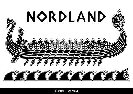 Viking, Scandinavian design. Drakkar with a dragons head. Warship of the Vikings and Scandinavian pattern Stock Vector