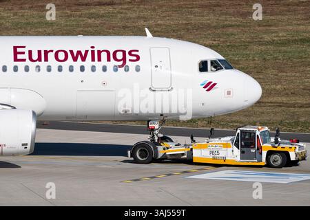 German Eurowings Airbus on pushback at Cologne Bonn Airport Stock Photo