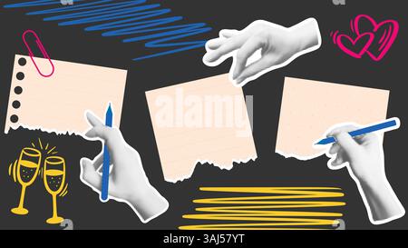 Collage with elements of torn paper and hands in halftone style. Take notes, keep records, leave a message concept. Contemporary horizontal banner Stock Vector