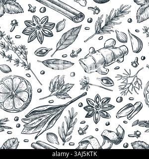 Spices and herbs seamless pattern. Hand drawn sketch vector plant illustration. Natural herbal background. Fabric, wrapping paper, textile print, pack Stock Vector