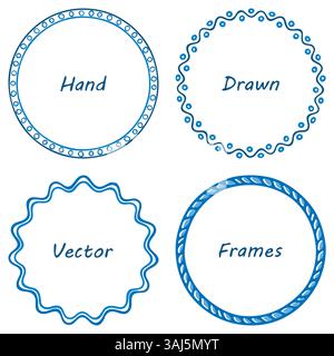 Circle wreath Frame outline Set. Hand drawn doodle sketch style, paint ink brush wave line stroke, blue marine tones colour, empty border text space Stock Vector