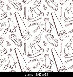 Seamless pattern with line art style construction tools including gloves, saw, pliers, wrench, helmet, brush, bolts and goggles isolated on a white Stock Vector