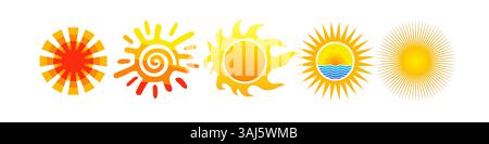 Set of creative Sun shapes. Artistic sun concept. Branding idea. Yellow and orange sunrise or sunset elements. Sunshine isolated design. Cartoon icons Stock Vector