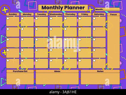 A vibrant monthly planner with an abstract Memphis style geometric background, featuring daily task sections, focus area, and notes space. Stock Vector