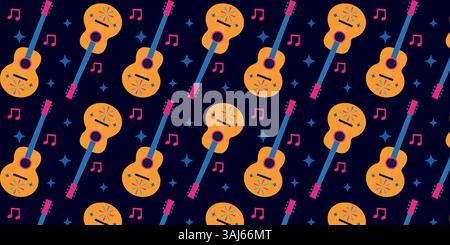 Seamless repeating pattern of mexican guitars on dark background. Stock Vector